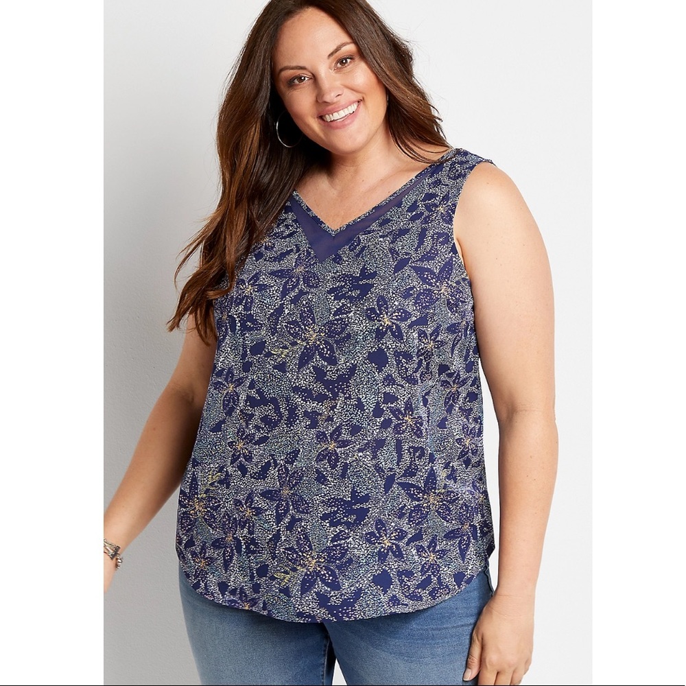 Plus Size Navy Floral Sheer Inset V Neck Tank Top
